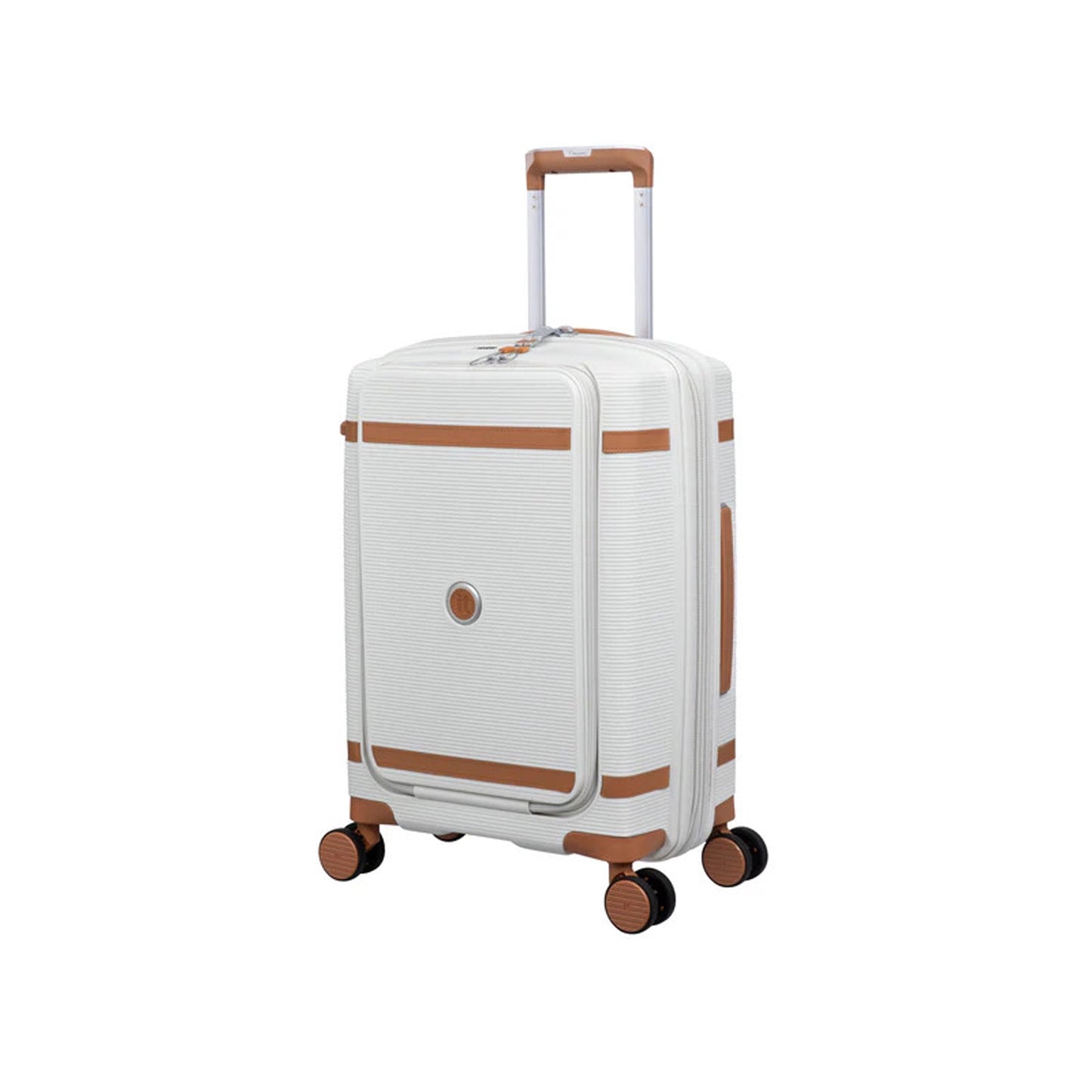 it luggage 21" Cabin Trolley Bag – Hard Case Expandable Spinner Luggage with Front Pocket, TSA Lock, Secure-it Zippers, PP Shell, SKU 15-3108-08 – Beige with Leather Strap