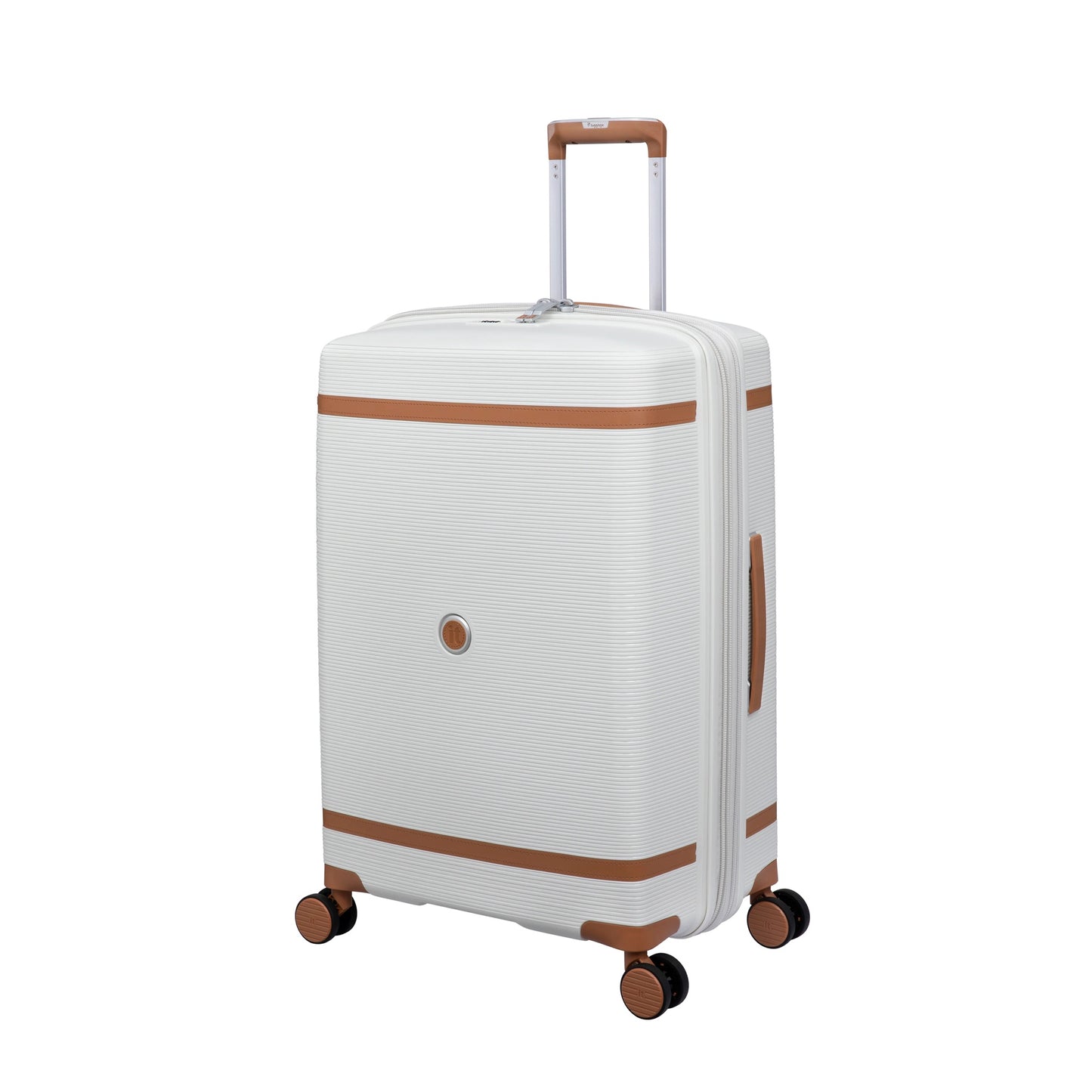 it luggage 25" Medium Trolley Bag – Expandable Hard Case Spinner Luggage with Secure-it Zippers, TSA Lock & Front Pocket, SKU 15-3108-08 – Beige with Leather Strap