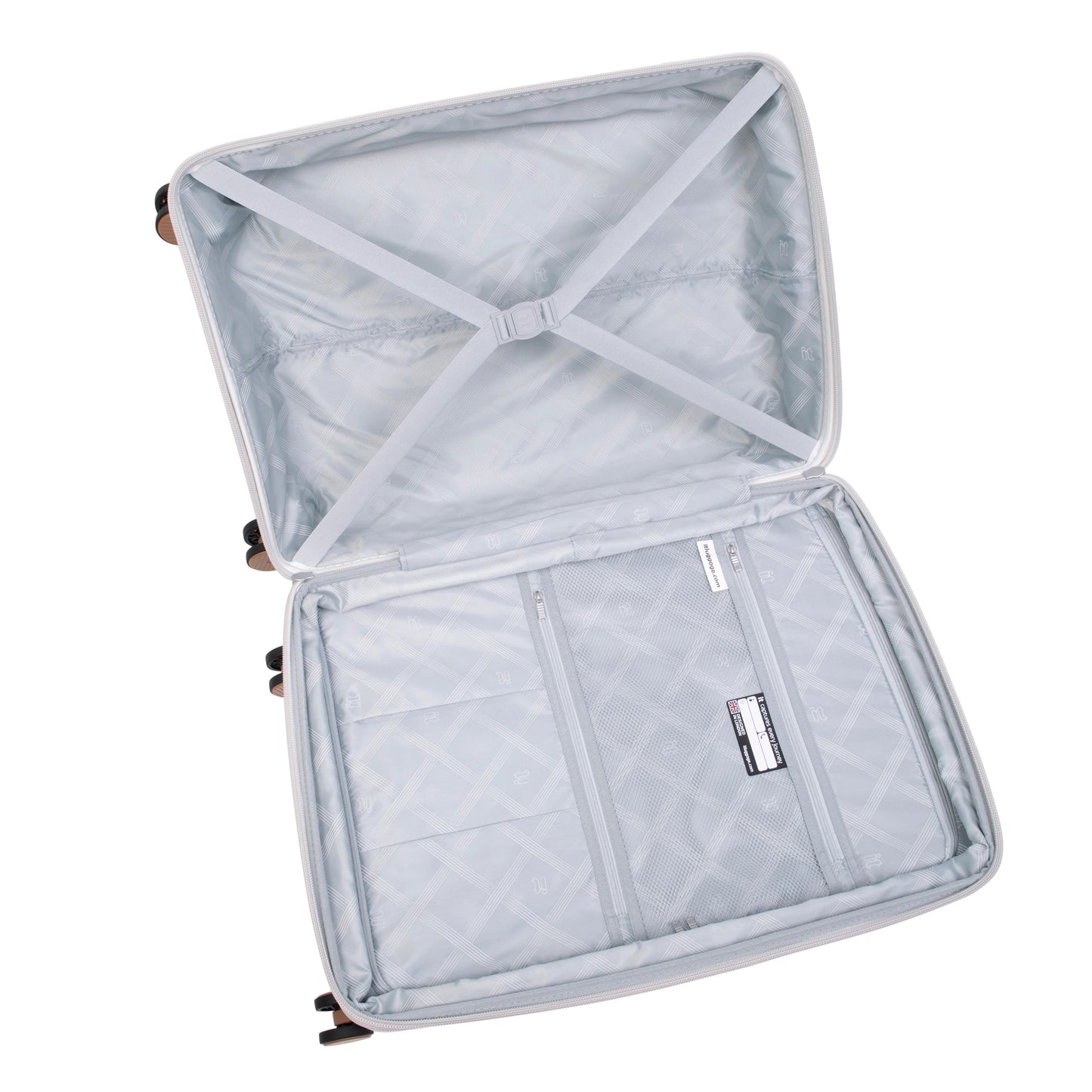 it luggage 25" Medium Trolley Bag – Expandable Hard Case Spinner Luggage with Secure-it Zippers, TSA Lock & Front Pocket, SKU 15-3108-08 – Beige with Leather Strap