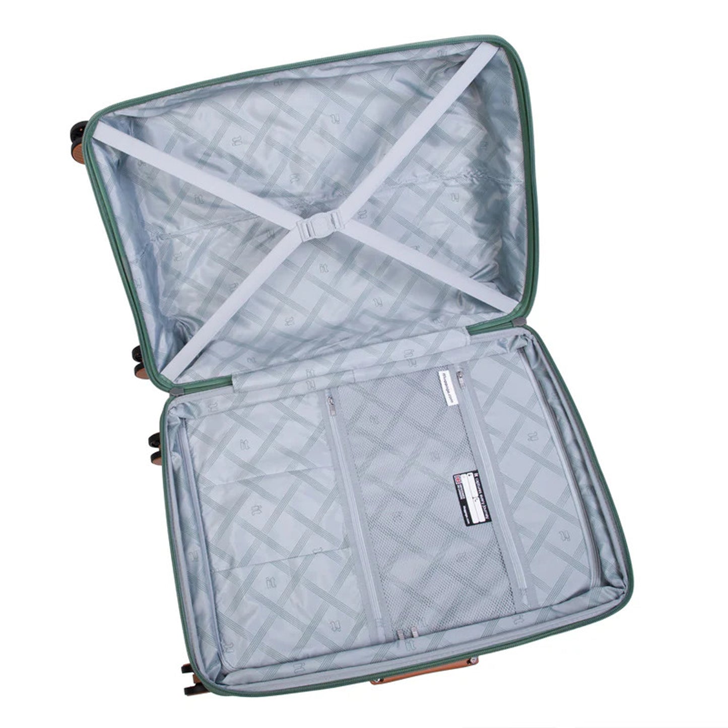 it luggage 25" Medium Trolley Bag – Expandable PP Hard Shell Spinner with TSA Lock, Secure-it Zippers & Green/Red Webbing, SKU 15-3108-08 – Green Tea with Almond Trim