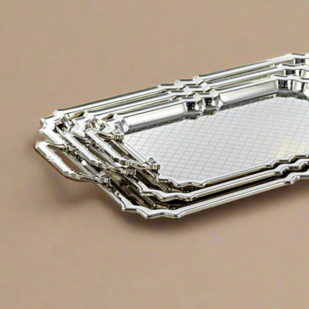 HT2411008 Serving Tray 3-Piece Set – Elegant Silver-Plated Design with Geometric Pattern for Luxurious Serving