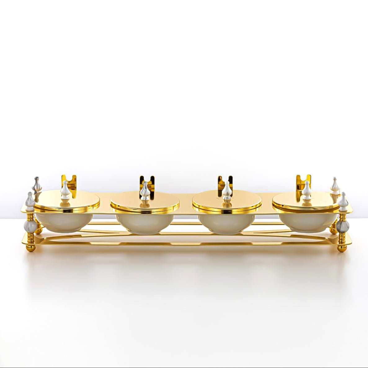 HM4106-G Candy Box 4 Section – Luxurious Gold Finish with Lidded Bowls and Decorative Stand