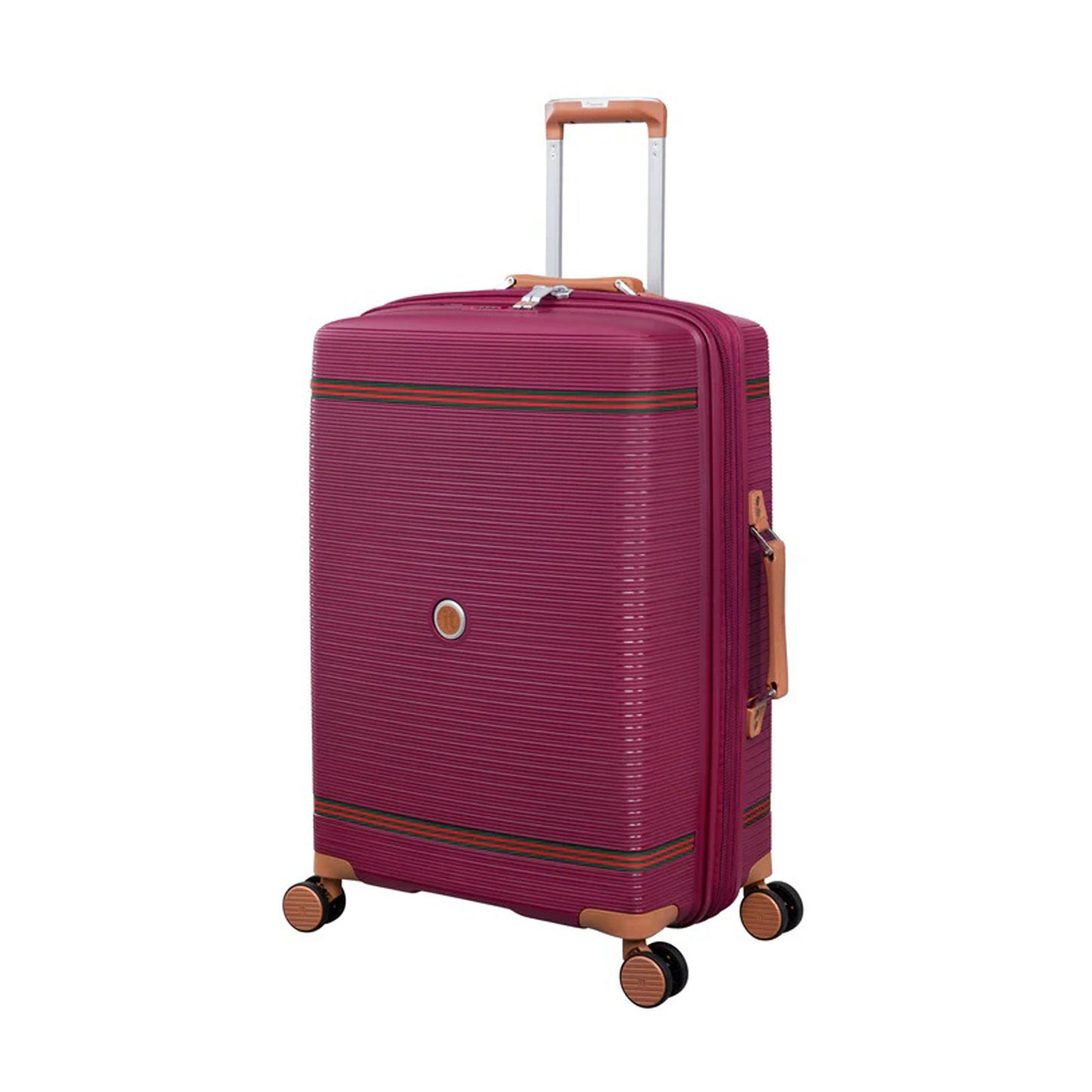 IT Luggage 25" Medium Trolley Bag – Expandable PP Hard Shell Spinner with TSA Lock, Secure-it Zippers & Green/Red Webbing, SKU 15-3108-08 – Burgundy with Almond Trim