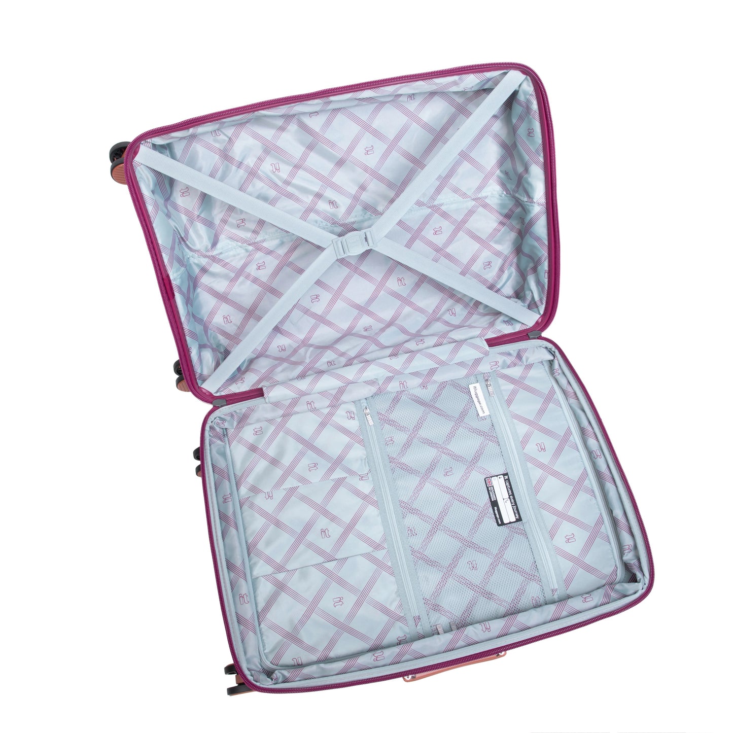 IT Luggage 25" Medium Trolley Bag – Expandable PP Hard Shell Spinner with TSA Lock, Secure-it Zippers & Green/Red Webbing, SKU 15-3108-08 – Burgundy with Almond Trim