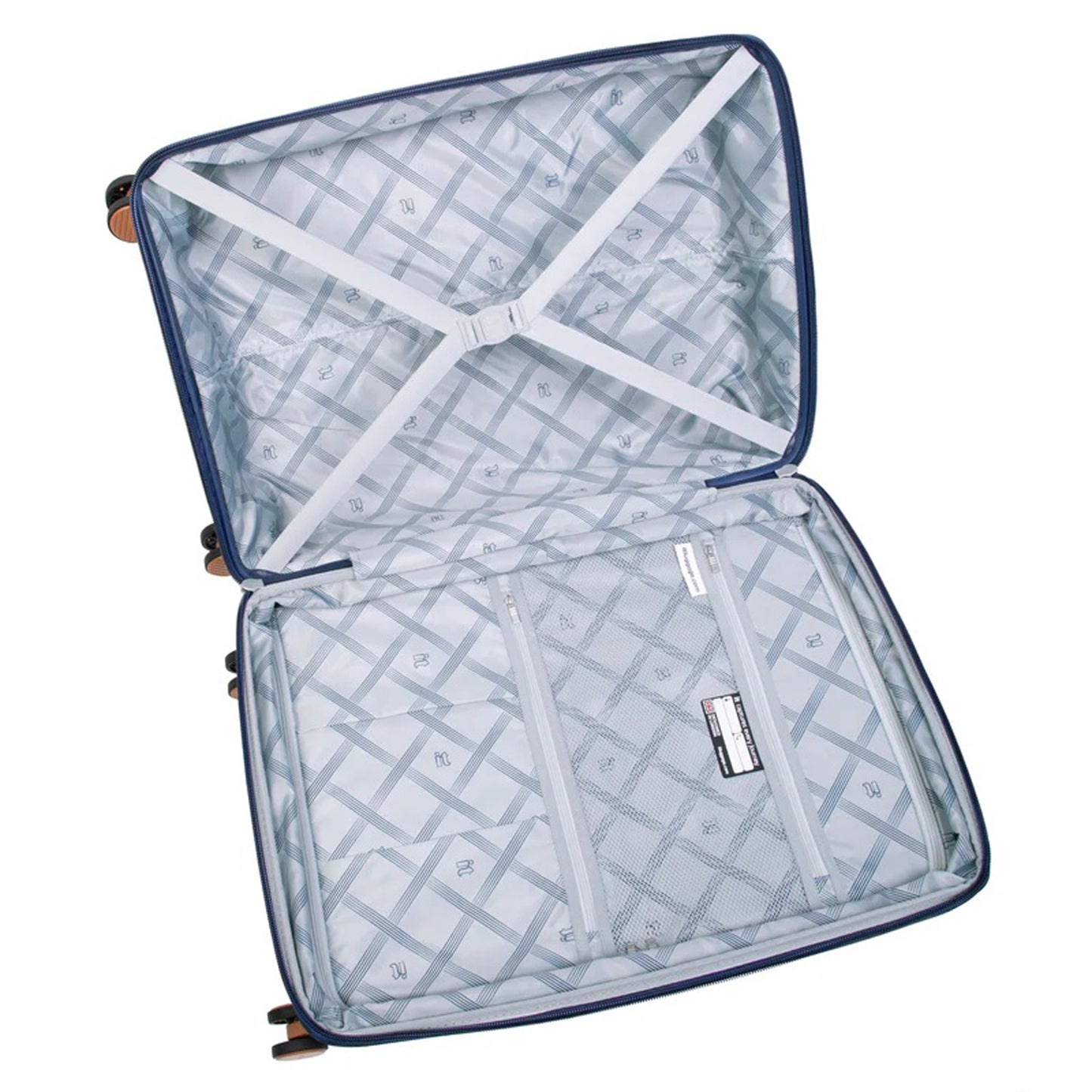 IT Luggage 29" Large Trolley Bag – Expandable PP Hard Shell Spinner with TSA Lock, Secure-it Zippers & Decorative Leather Strap, SKU 15-3108-08 – Blue with Almond Trim