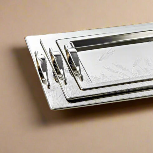 HT2411004 Serving Tray 3-Piece Set – Elegant Silver-Plated Design with Engraved Floral Pattern for Luxurious Serving