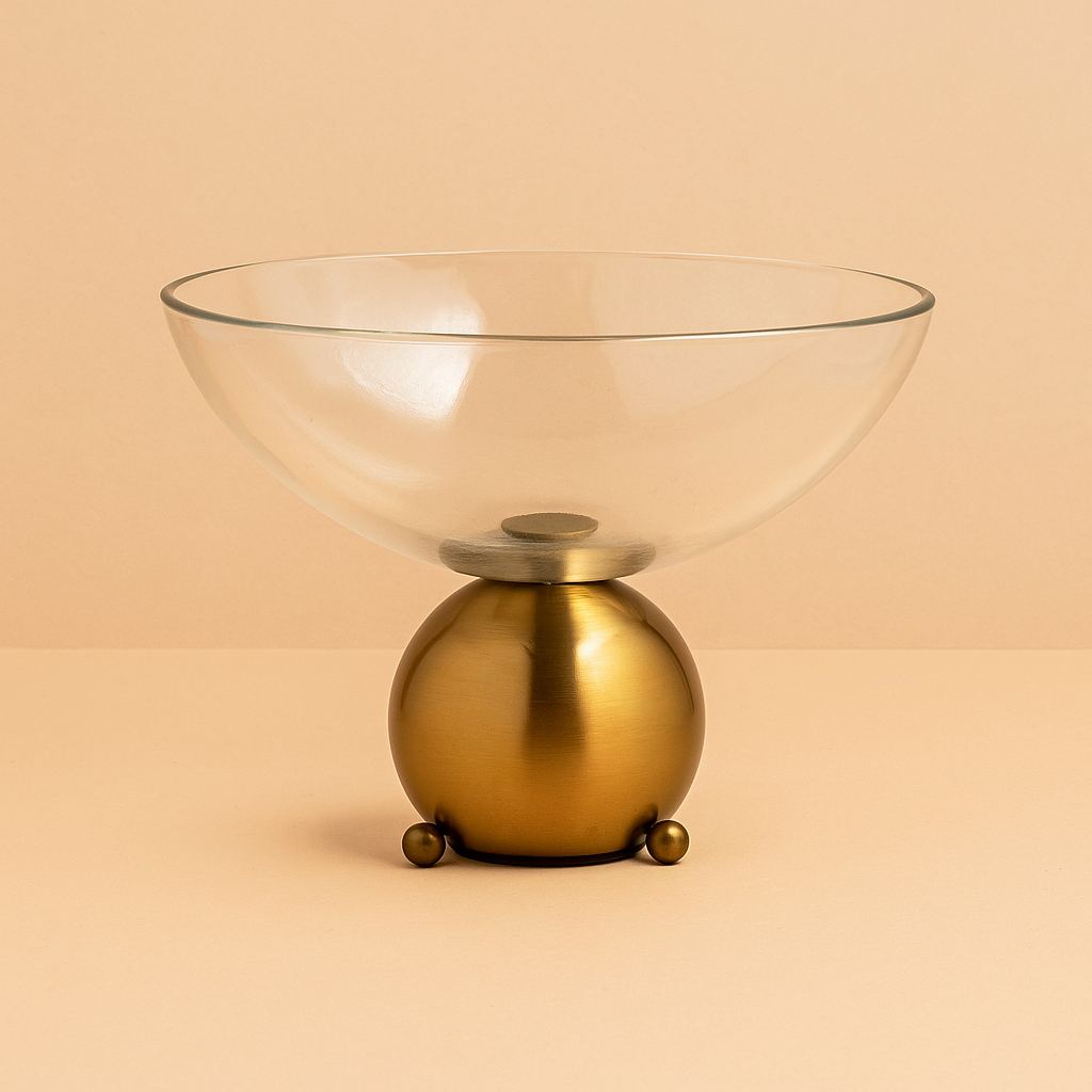 Glass Bowl with Brass Stand – Elegant Design – Clear & Gold