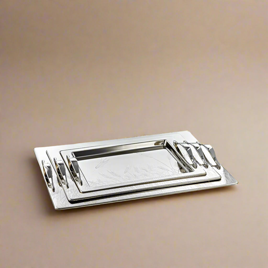 HT2411004 Serving Tray 3-Piece Set – Elegant Silver-Plated Design with Engraved Floral Pattern for Luxurious Serving