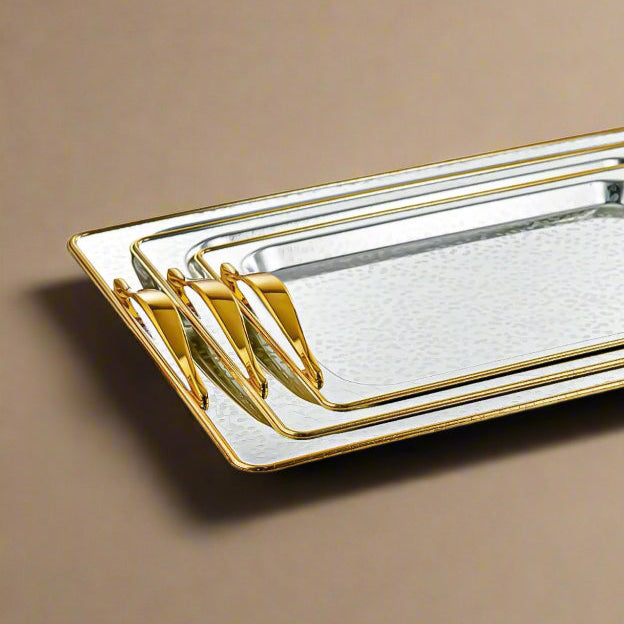 HT2411001 Serving Tray 3-Piece Set – Elegant Gold & Silver Plated Design with Textured Hammered Finish for Luxurious Serving