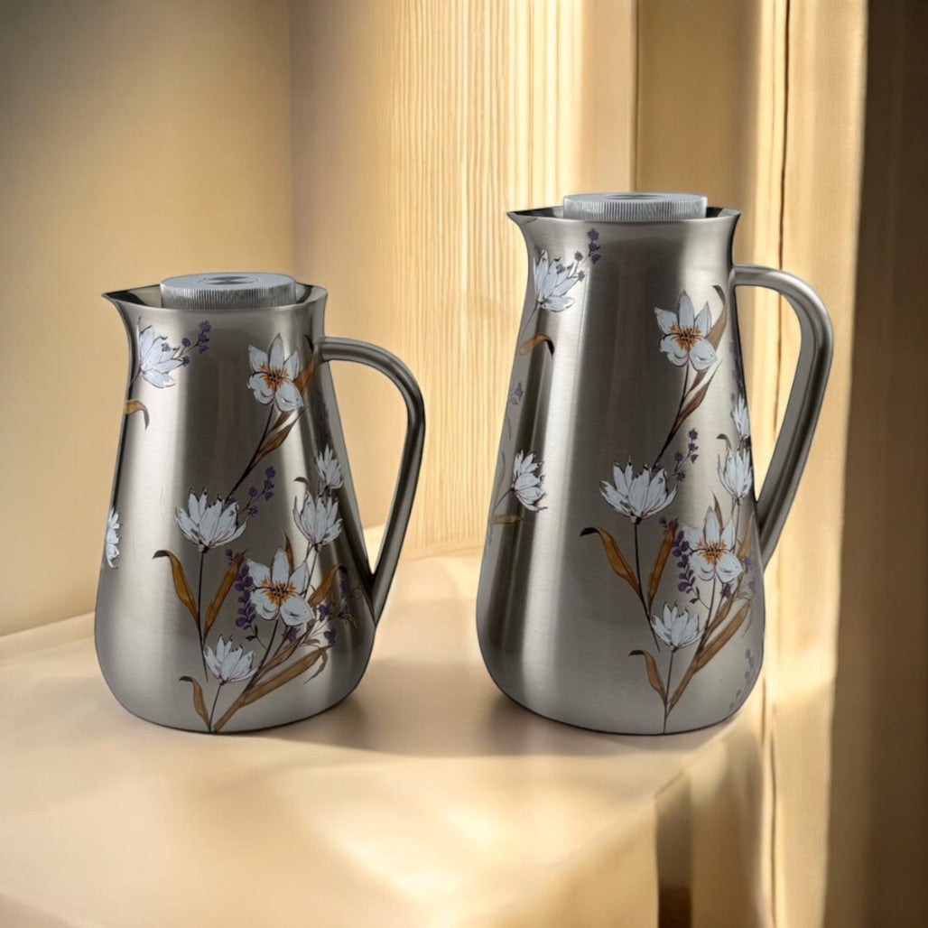 SG3M Printed Vacuum Flask 2-Piece Set (0.5L + 1L) – Elegant Insulated Stainless Steel Flasks with Floral Design