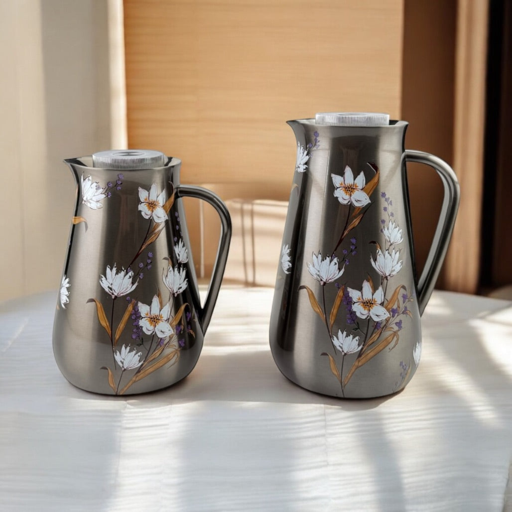 SG3M Printed Vacuum Flask 2-Piece Set (0.5L + 1L) – Elegant Insulated Stainless Steel Flasks with Floral Design