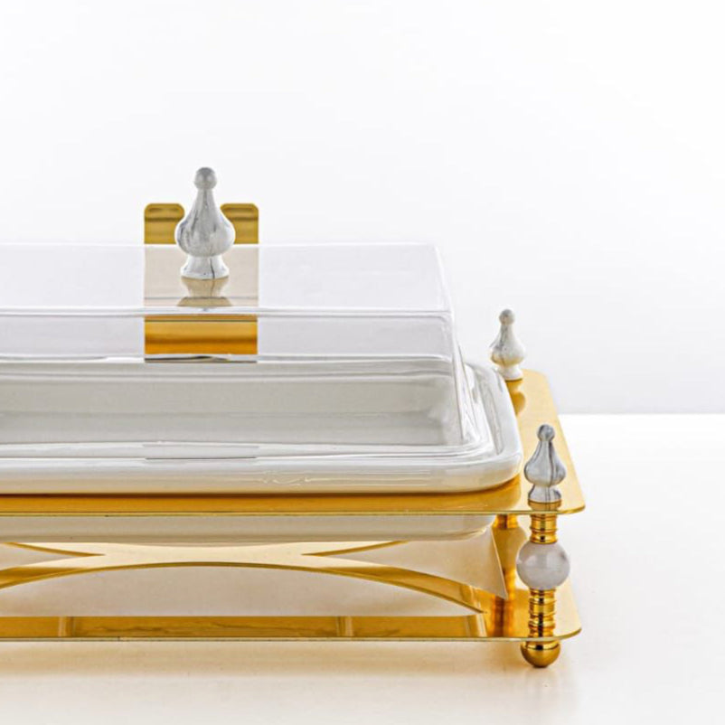 HM4110-G Rectangle Sweet Tray – Elegant Gold Finish with Clear Lid – 33cm(L) × 27cm(W) × 7.5cm(H)