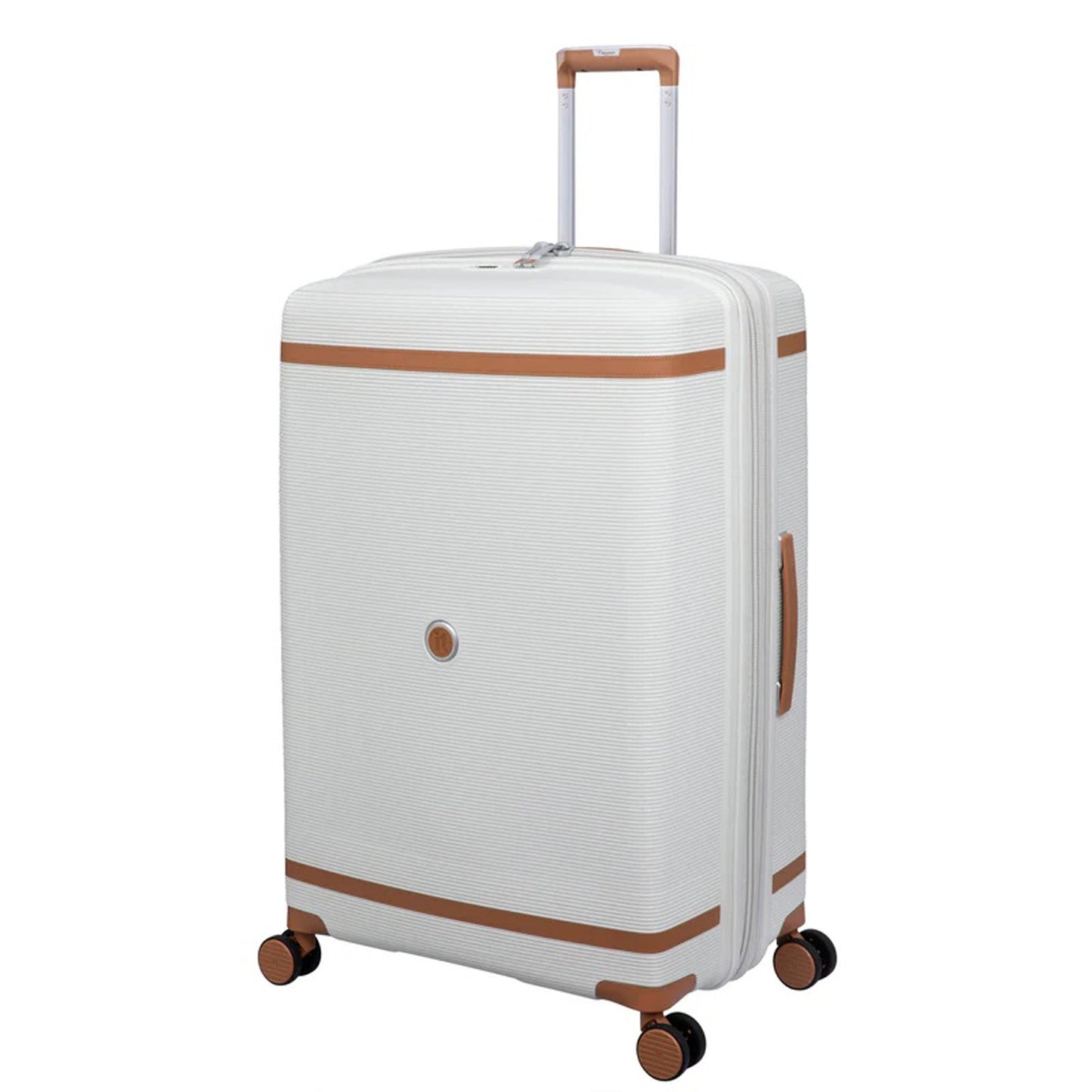 IT Luggage 29" Large Trolley Bag – Expandable PP Hard Shell Spinner with TSA Lock, Secure-it Zippers & Decorative Leather Strap, SKU 15-3108-08 – Beige with Almond Trim