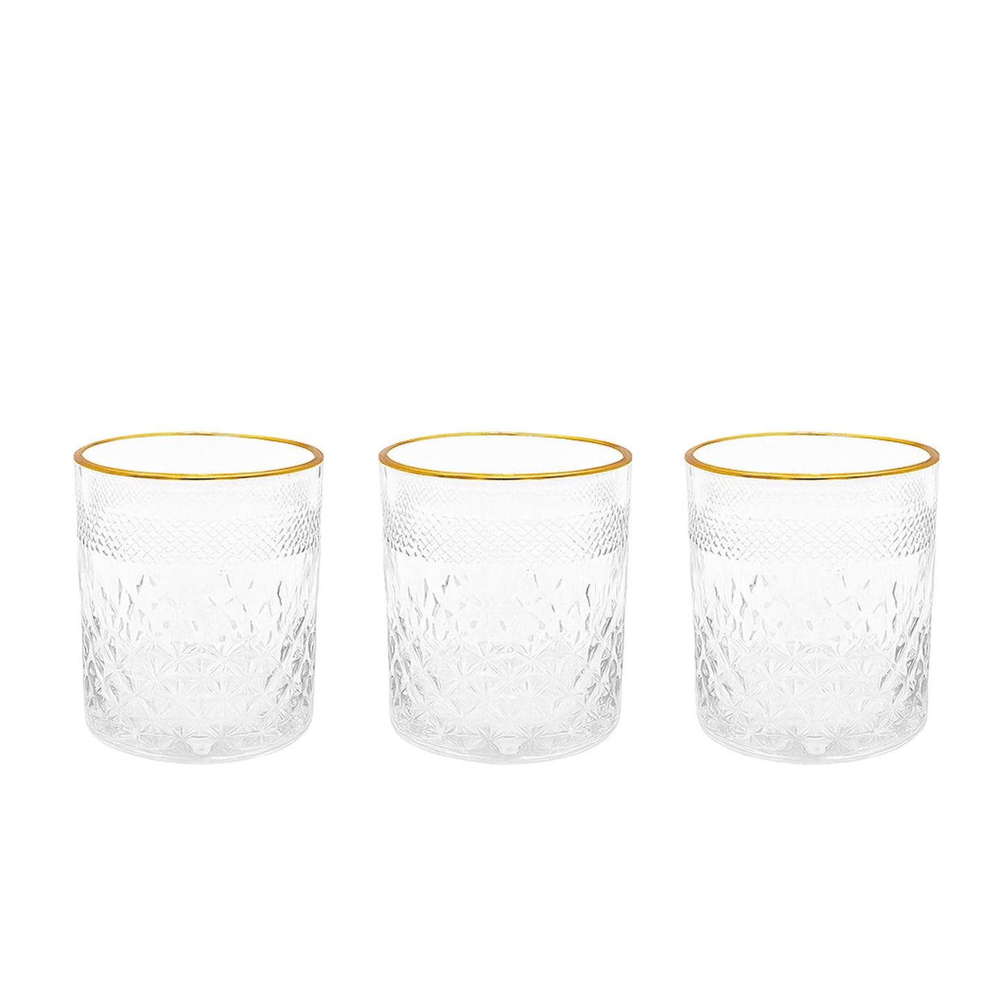 WG-211-3 – Drinking Glass – 3-Piece Set – Clear Textured Tumblers with Elegant Gold Rim
