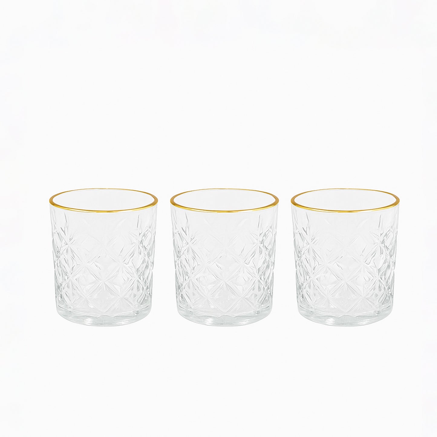WG-208-3 – Drinking Glass – 3-Piece Set – Clear Patterned Tumblers with Elegant Gold Rim