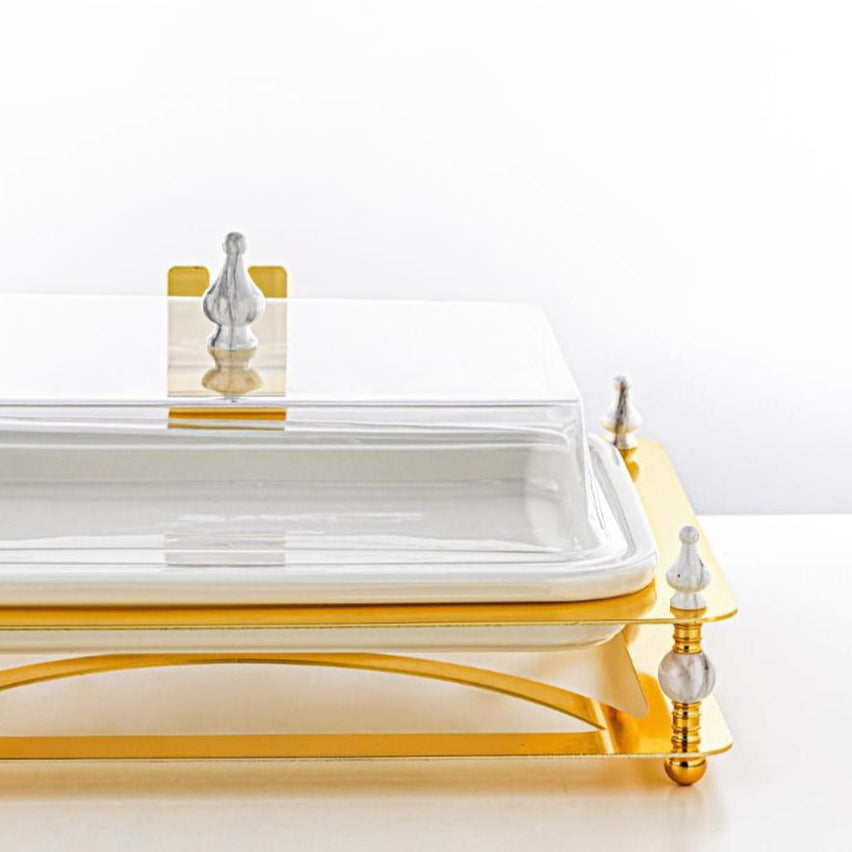 HM4111-G Rectangle Sweet Tray – Luxurious Gold Finish with Clear Lid