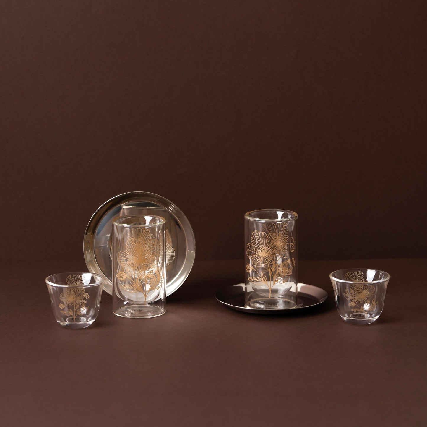 GT1123 Tea & Cawa Cup Set – 18-Piece – Elegant Clear Glass Design with Gold Floral Motif for Arabic Serving