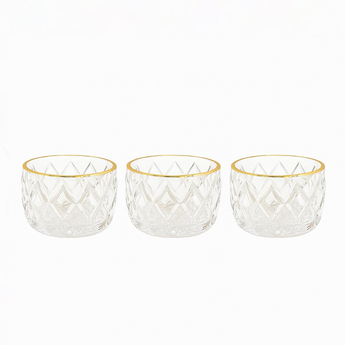 GER6604 – Glass Ice Cream Bowl – 3-Piece Set – Clear Textured Bowls with Gold Rim