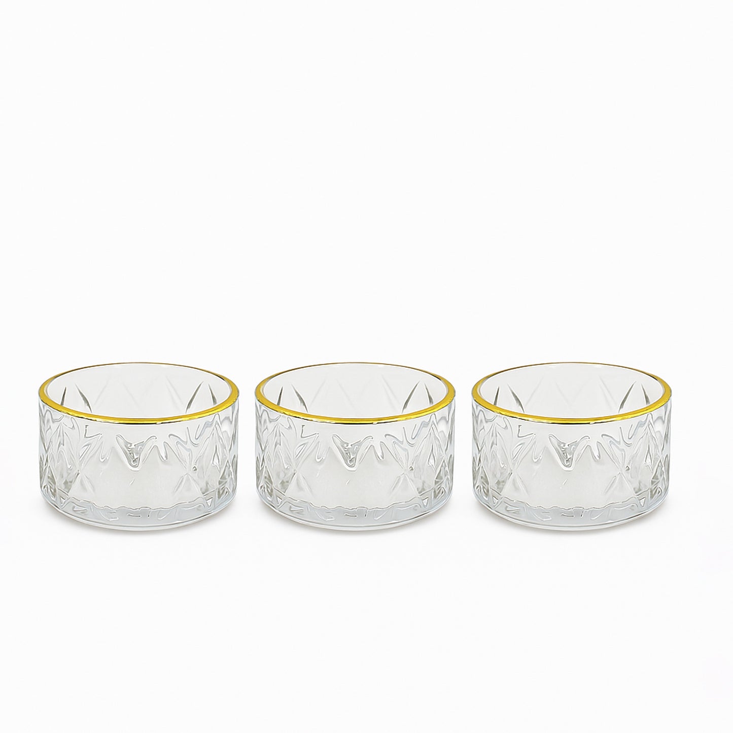 GER6618 – Glass Ice Cream Bowl – 3-Piece Set – Clear Diamond-Cut Bowls with Gold Rim