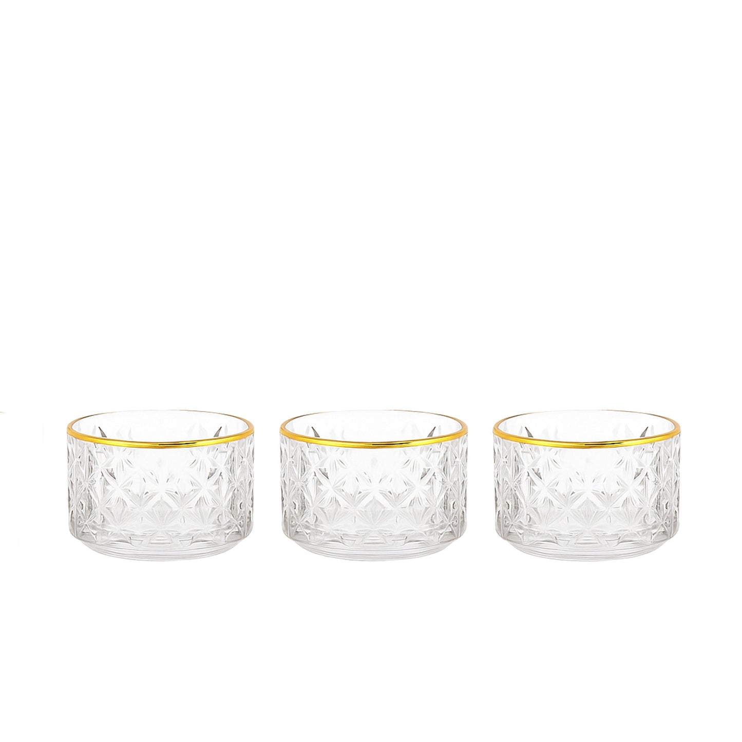 GER6620 – Glass Ice Cream Bowl – 3-Piece Set – Clear Star-Cut Patterned Bowls with Gold Rim