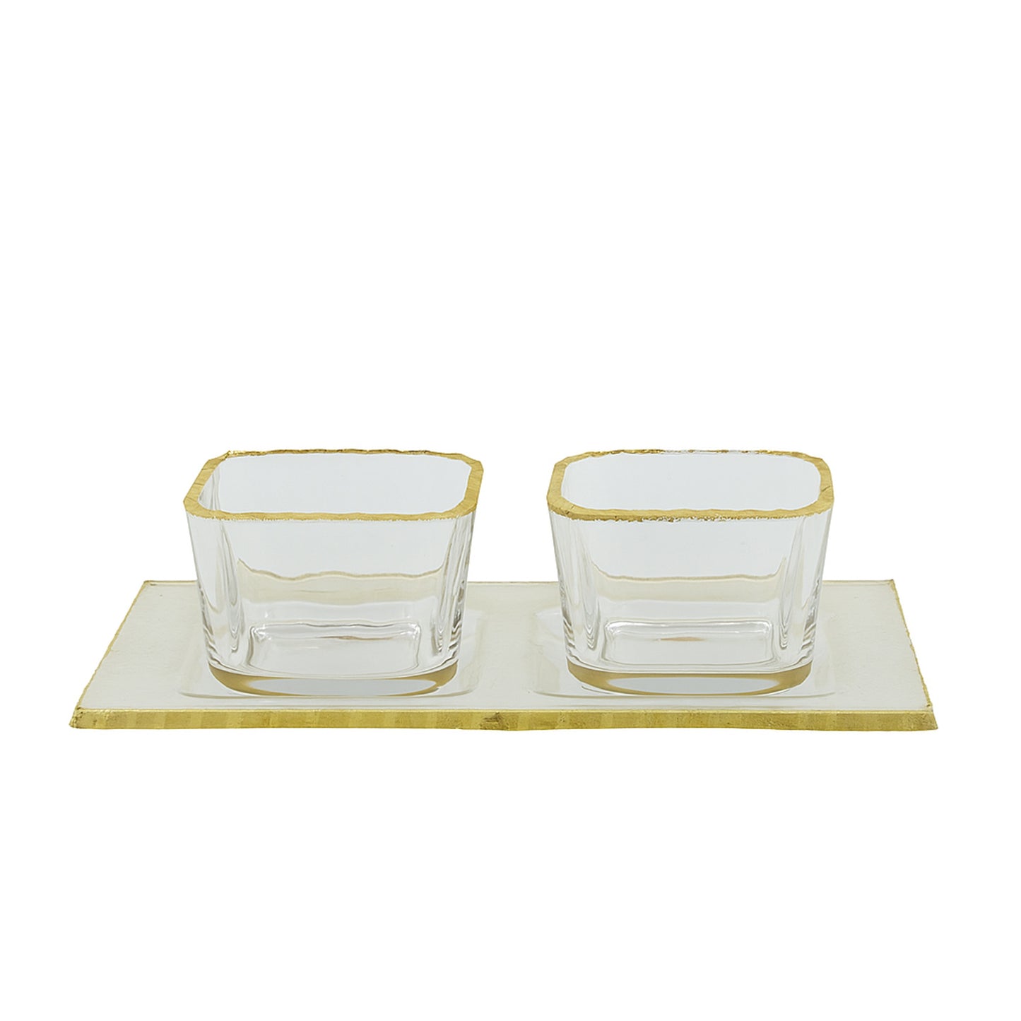 VG217 – Glass Tray with 2 Bowls – Clear Square Design with Elegant Gold Rim
