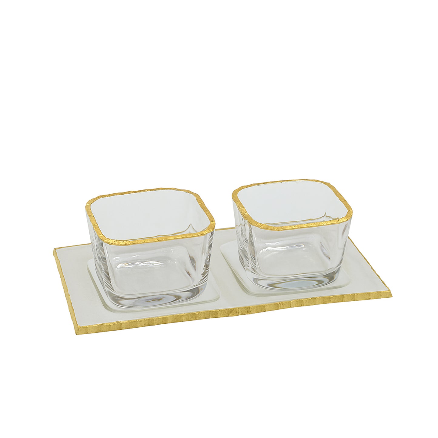 VG217 – Glass Tray with 2 Bowls – Clear Square Design with Elegant Gold Rim