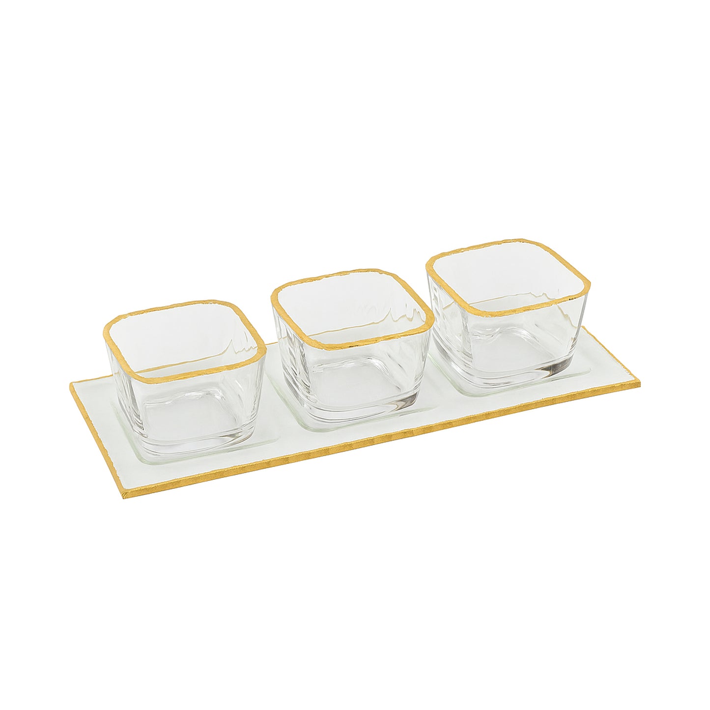 VG218 – Glass Tray with 3 Bowls – Clear Square Design with Elegant Gold Rim