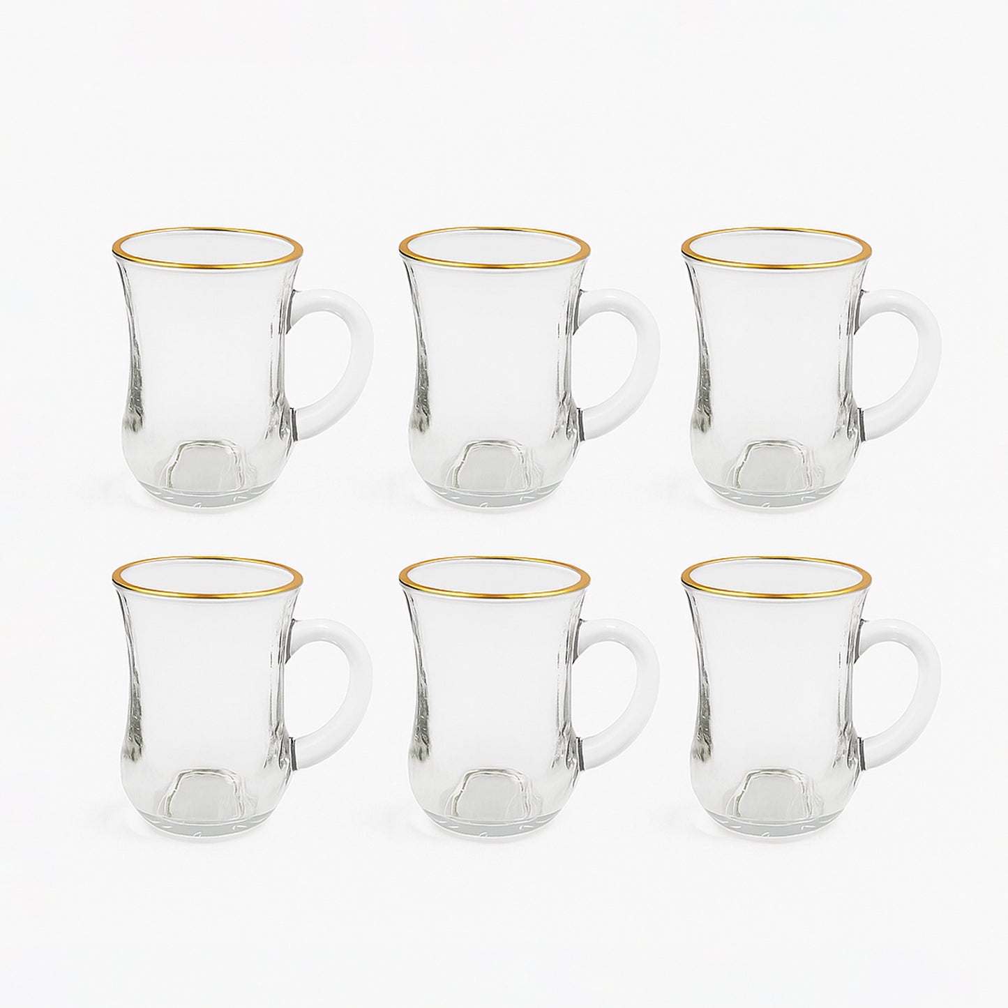 VG307W – Glass Tea Cup – 6-Piece Set – Clear Tea Cups with Handle & Gold Rim