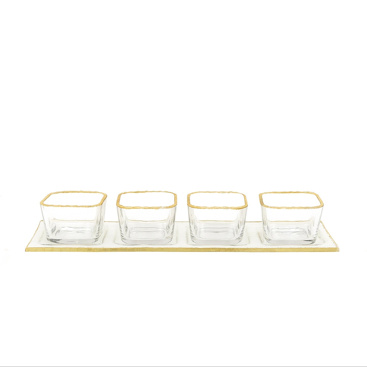 VG219 – Glass Tray with 4 Bowls – Clear Square Design with Elegant Gold Rim
