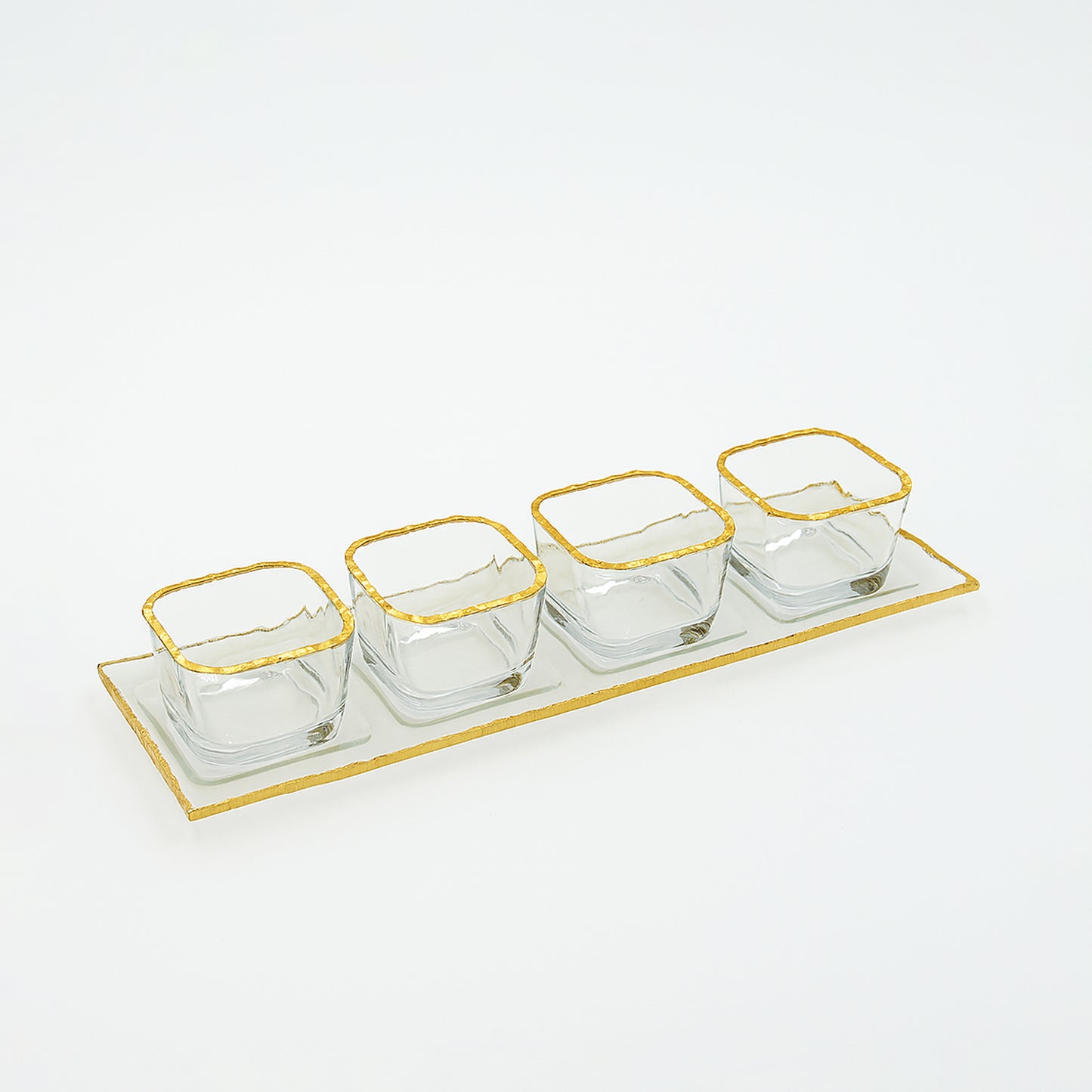 VG219 – Glass Tray with 4 Bowls – Clear Square Design with Elegant Gold Rim