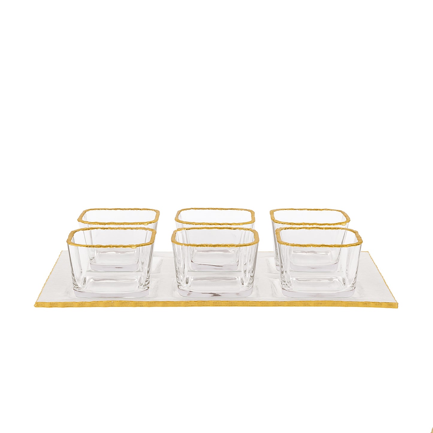 VG220 – Glass Tray with 6 Bowls – Clear Square Design with Elegant Gold Rim