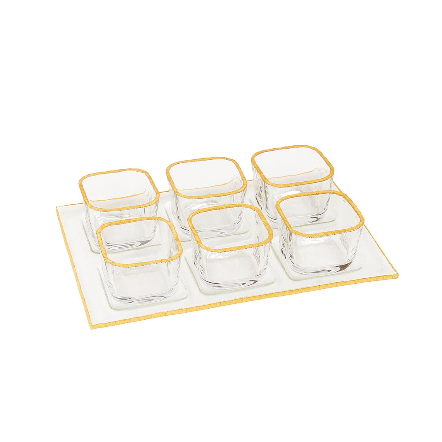 VG220 – Glass Tray with 6 Bowls – Clear Square Design with Elegant Gold Rim