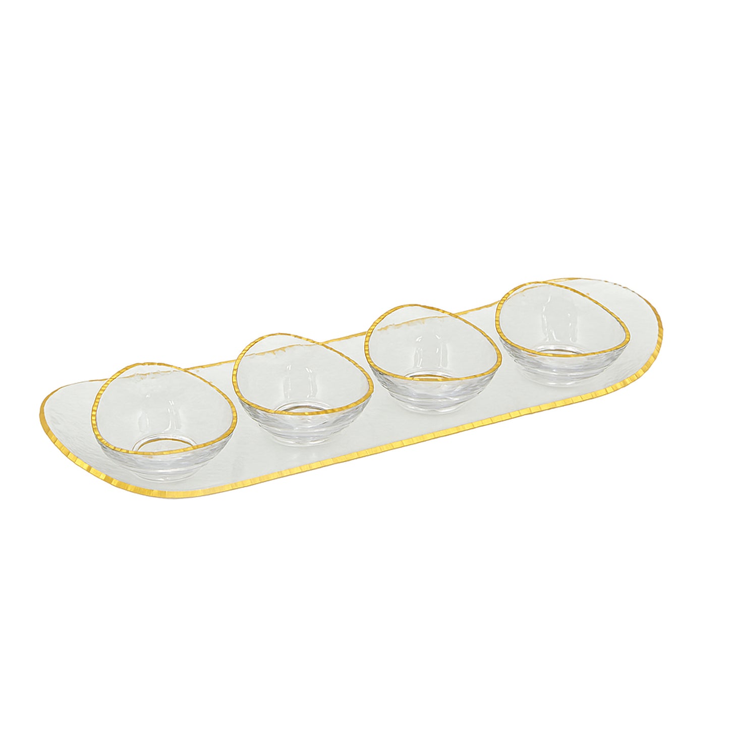 VG422 – Glass Tray with 4 Bowls – Clear Round Design with Elegant Gold Rim