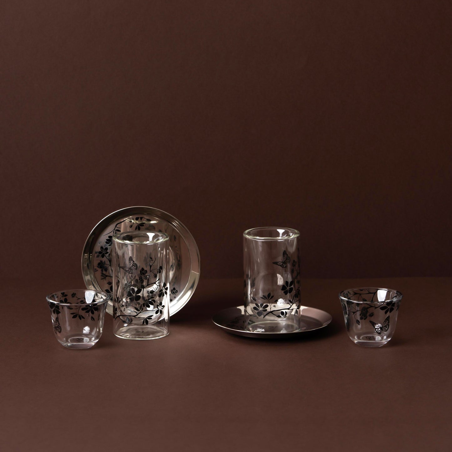 GT1118 Tea & Cawa Cup Set – 18-Piece – Elegant Clear Glass Design with Black Floral & Butterfly Motif for Arabic Serving