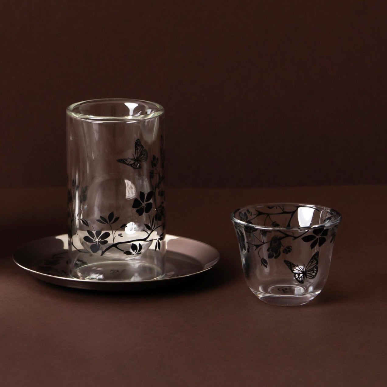 GT1118 Tea & Cawa Cup Set – 18-Piece – Elegant Clear Glass Design with Black Floral & Butterfly Motif for Arabic Serving
