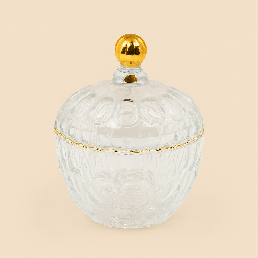 Glass Bowl with Lid and Gold Trim – 14 cm Diameter – TG006