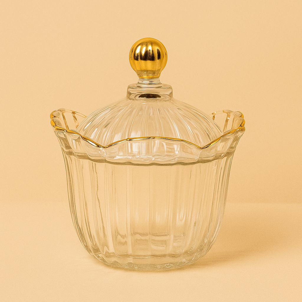 Glass Bowl with Lid and Gold Trim – 15 cm Diameter – TG008