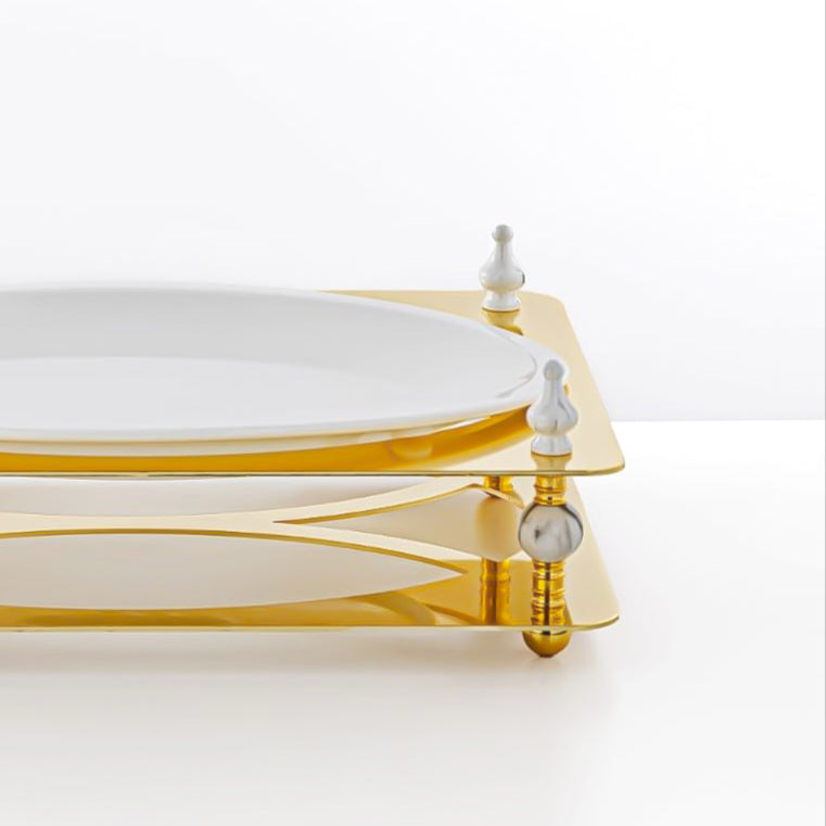 HM4112-G Oval Sweet Tray – Elegant Gold Finish with White Ceramic Plate - 38cm (L) × 28cm (W) × 7cm (H)