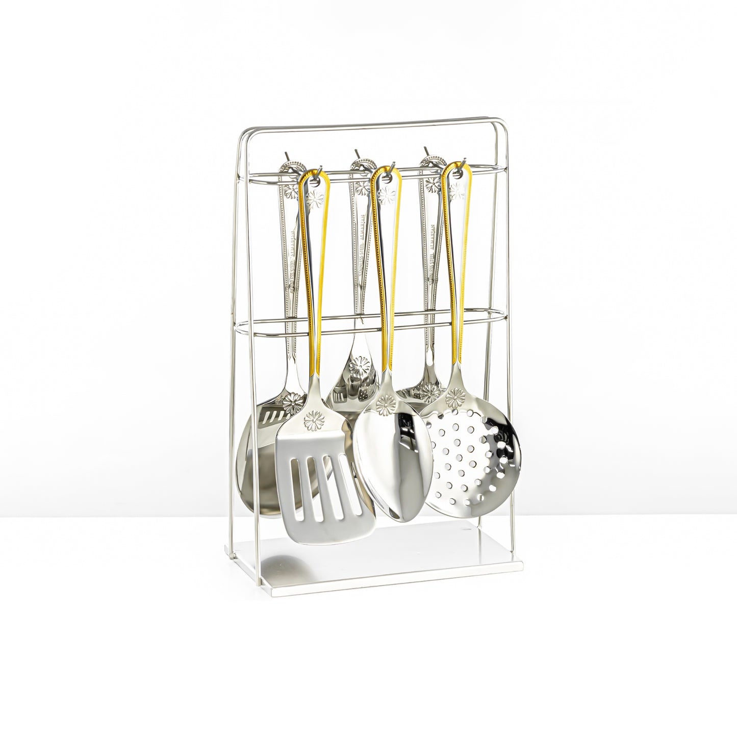 CUT0010383 7-Piece Stainless Steel Kitchen Tool Set with Stand – Gold and Silver