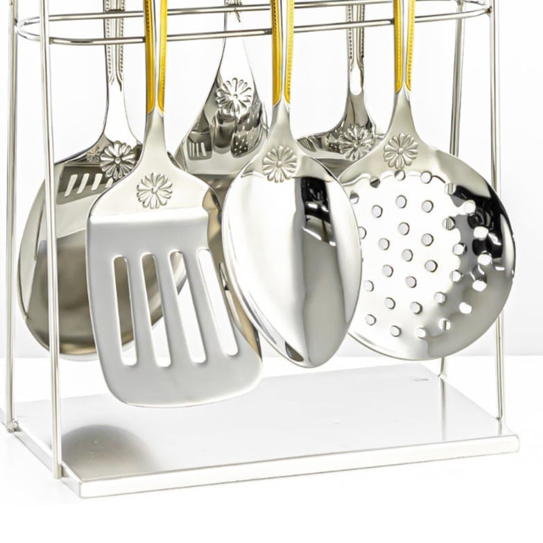 CUT0010383 7-Piece Stainless Steel Kitchen Tool Set with Stand – Gold and Silver