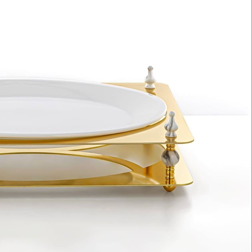 HM4113-G Oval Sweet Tray – Luxurious Gold Finish with White Ceramic Plate – 43cm (L) × 32cm (W) × 8cm (H)