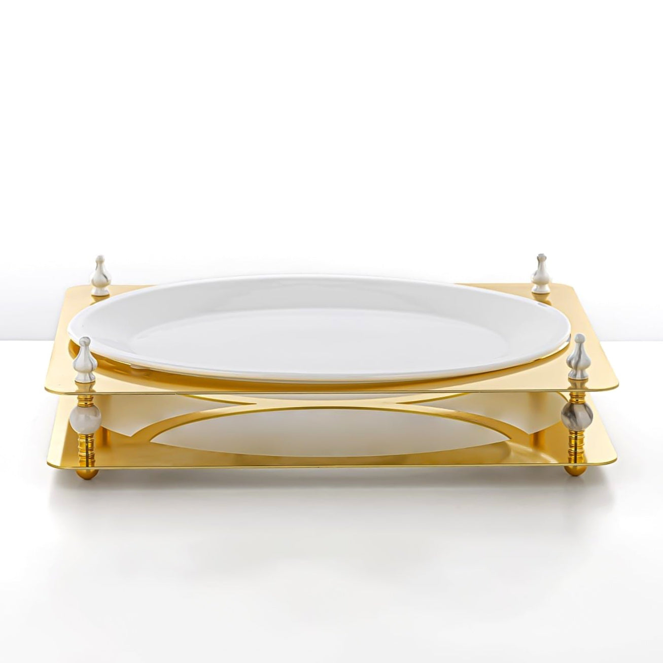 HM4113-G Oval Sweet Tray – Luxurious Gold Finish with White Ceramic Plate – 43cm (L) × 32cm (W) × 8cm (H)