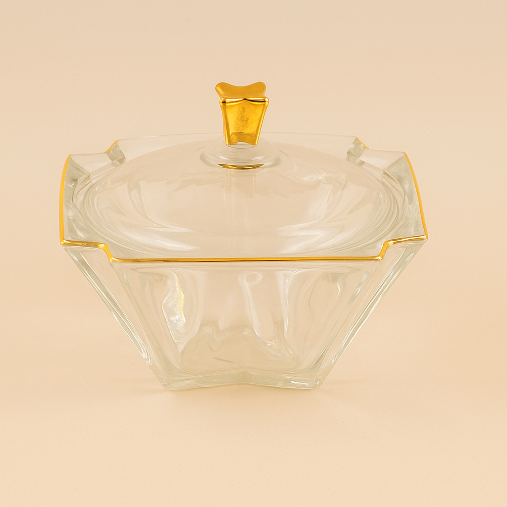 Glass Bowl with Lid and Gold Trim – 18 cm Diameter – DM605