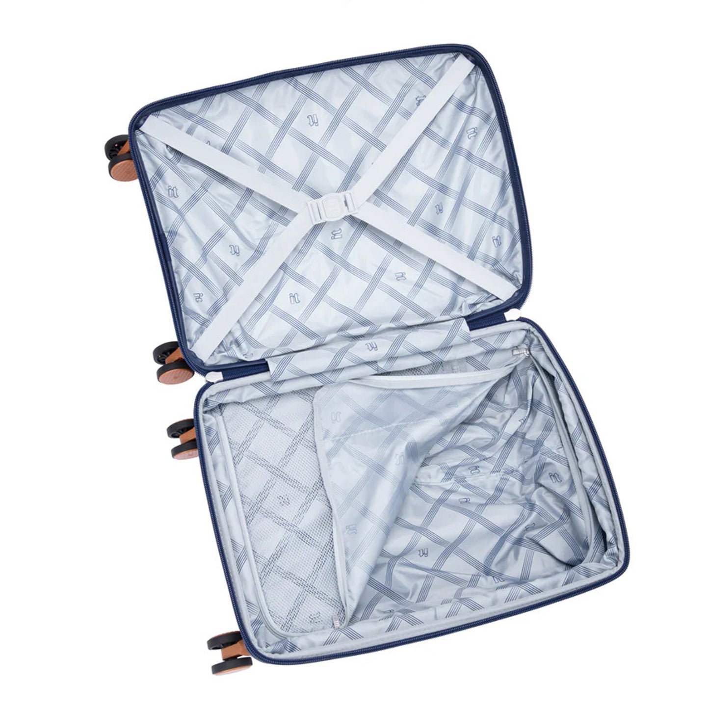 it luggage 21" Cabin Trolley Bag – Hard Case Expandable Spinner Luggage with Front Pocket, TSA Lock, Secure-it Zippers, PP Shell, SKU 15-3108-08 – Dark Blue with Leather Strap