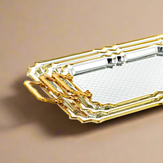 HT2411007 Serving Tray 3-Piece Set – Elegant Gold & Silver Plated Design for Luxurious Serving