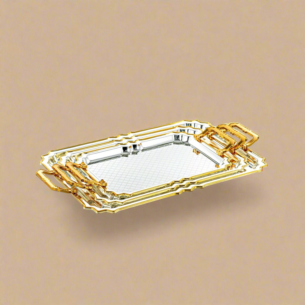 HT2411007 Serving Tray 3-Piece Set – Elegant Gold & Silver Plated Design for Luxurious Serving