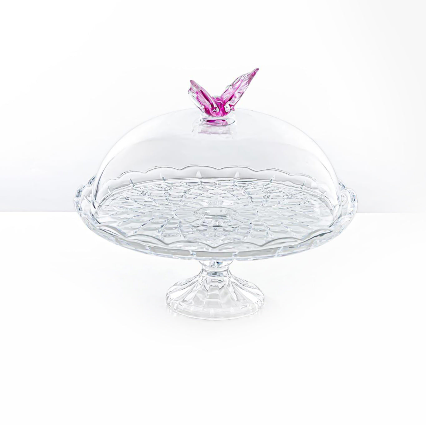 41275-330FL-BG Glass Round Plate With Dome & Pink Butterfly