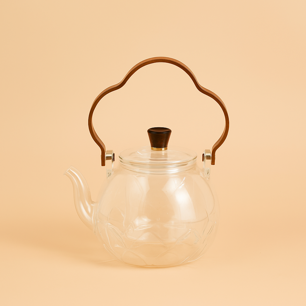 49414-3 – Glass Tea Pot with Wooden Handle – Clear – Floral Pattern Design