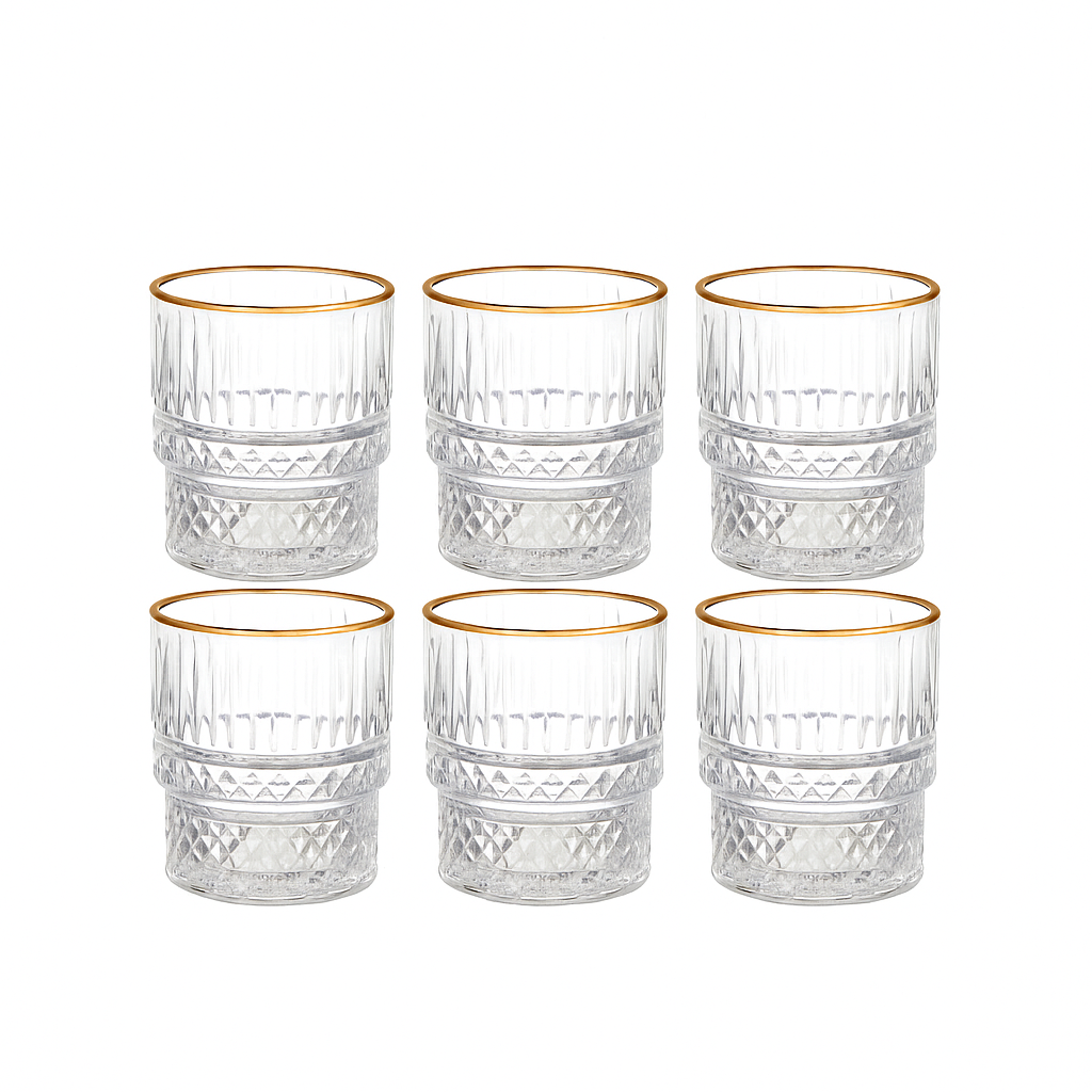 Glass Tumbler Set – 6 Piece – Elegant Gold Rim – MC113JW