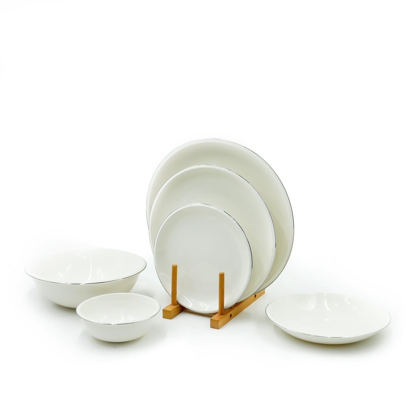 GL-247 Dinner Set 26-Piece – Elegant White Porcelain Plates and Bowls with Silver Rim – Durable and Stylish Dinnerware for Everyday Use and Special Occasions